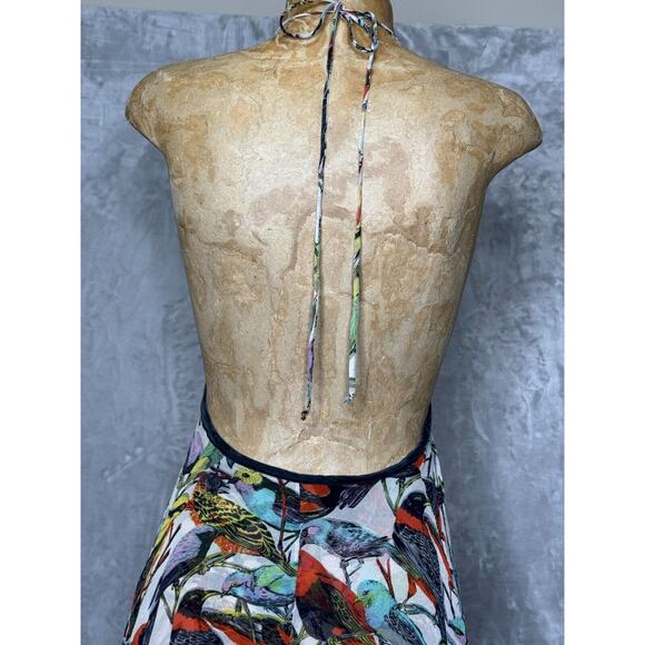 Nicholson Top Womens 10 Silk Bird Print Front Tie Triangle Halter Boho Whimsey - Picture 5 of 10